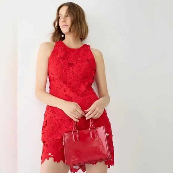 J. CREW Collection Luxe Lace Dress Party Red Size 2 Sheath Floral Rose - Picture 9 of 9
